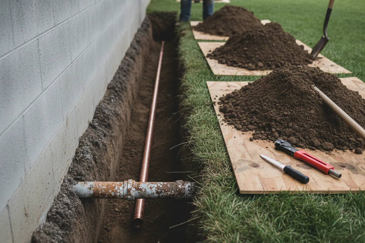 Excavated water line trench during Water Softener Installation in Lolo